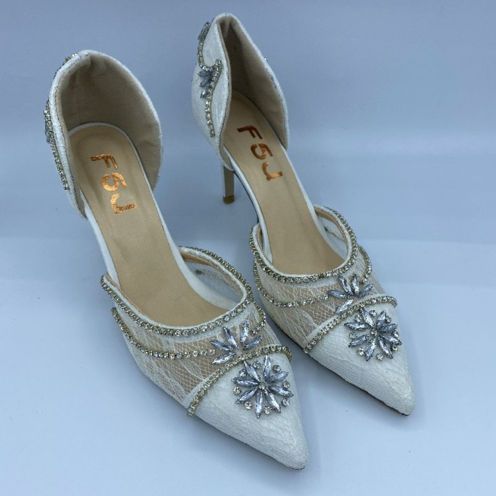 FSJ Women Classic Lace Shoes Rhinestone Pointed